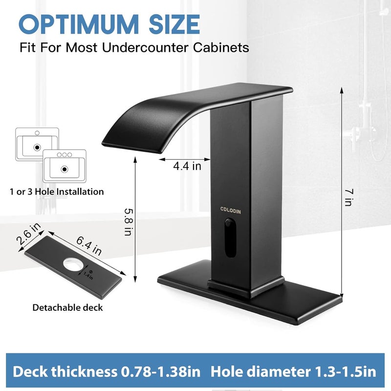 CDLODIN Touchless Bathroom Faucet, Automatic Sensor Waterfall Bathroom Tap, Modern Stainless Matte Black Sink, Hands Free Motion Sensor Lavatory Faucets for Sink 1 Hole - Image 5